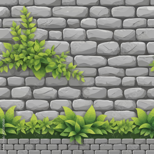 Brick vector fence, stone house wall seamless border, rock gray tiles, column isolated on white. Garden manor barrier illustration, architectural outdoor design element. Old classic brick wall clipart