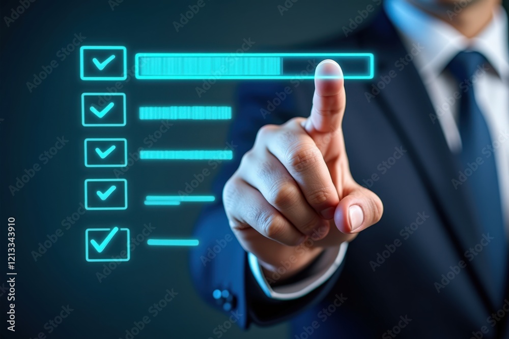 Business Professional Interacting with Digital Checkboxes on a Transparent Screen for Project Management and Task Completion Business Professional Interacting with Digital Checkboxes on a Transparent Screen for Project Management and Task Completion