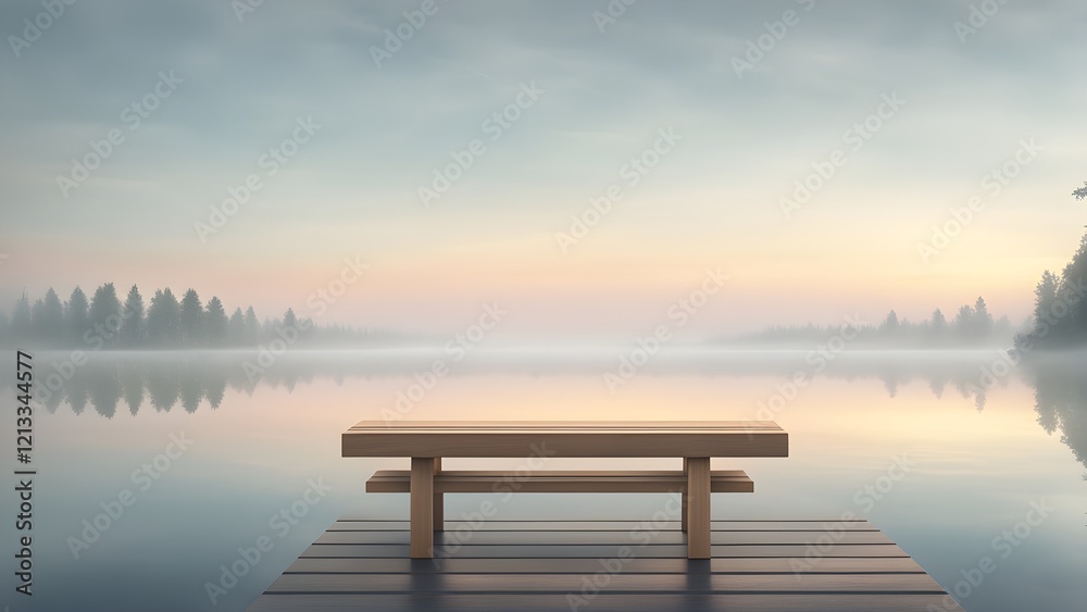 Serene sunrise over a misty lake, featuring an empty wooden bench on a tranquil dock. Serene sunrise over a misty lake, featuring an empty wooden bench on a tranquil dock.