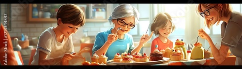 Family enjoying a plate of cupcakes together in a kitchen