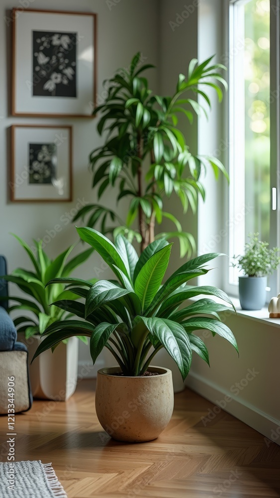 Fototapeta premium A lush green plant with long, slender leaves, thriving in a bright room