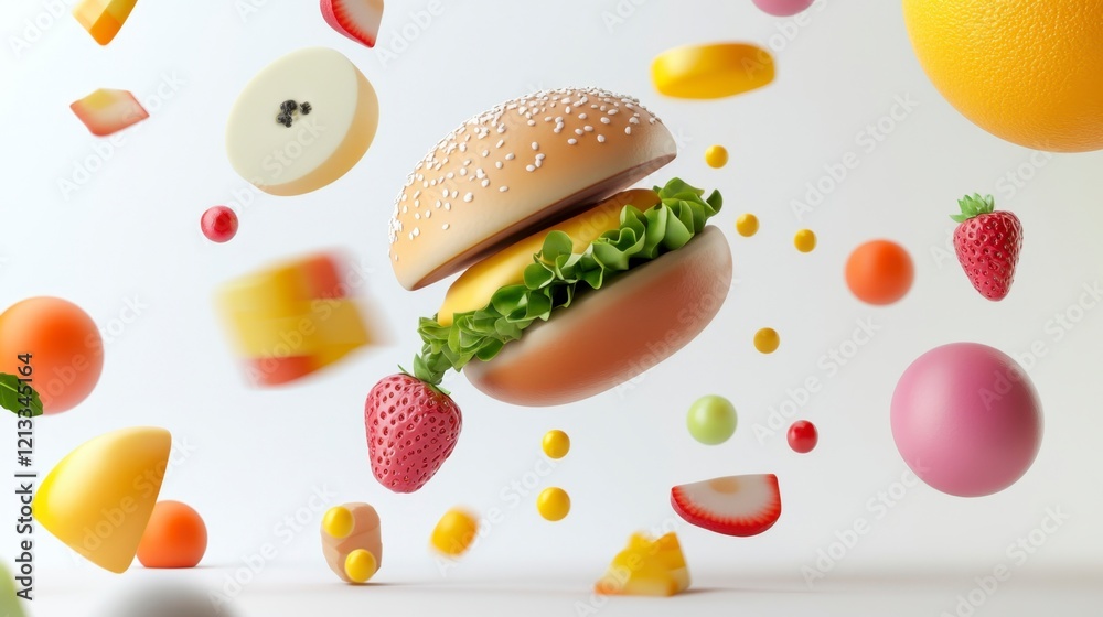 Colorful Floating Ingredients with a Hamburger and Fruits Design Colorful Floating Ingredients with a Hamburger and Fruits Design