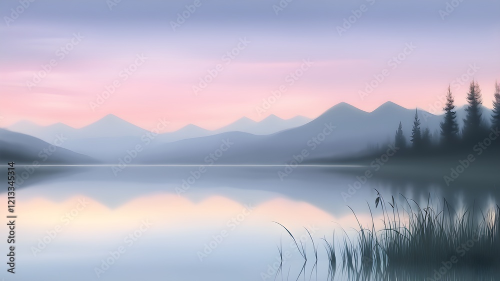 Fototapeta premium Serene pastel-hued landscape painting of a tranquil lake reflecting a soft sunrise over misty mountains, with tall grasses in the foreground.
