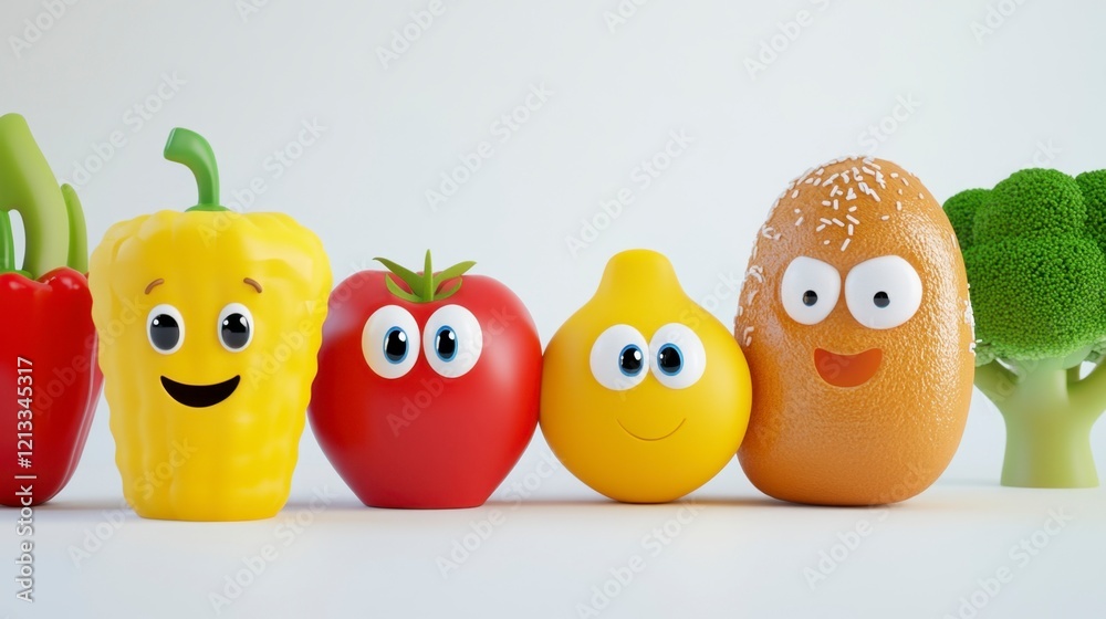 Cheerful Cartoon Fruits and Vegetables with Faces on a White Background