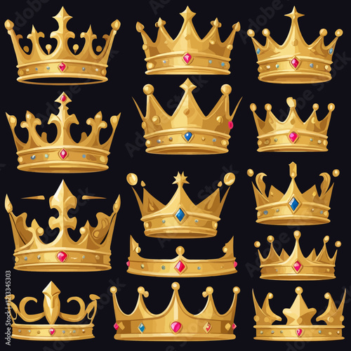 Realistic 3D gold crown set in shiny finish with multi-dot royal design. The crown is centered on a transparent background, ideal for use in copyright-related design projects.vector