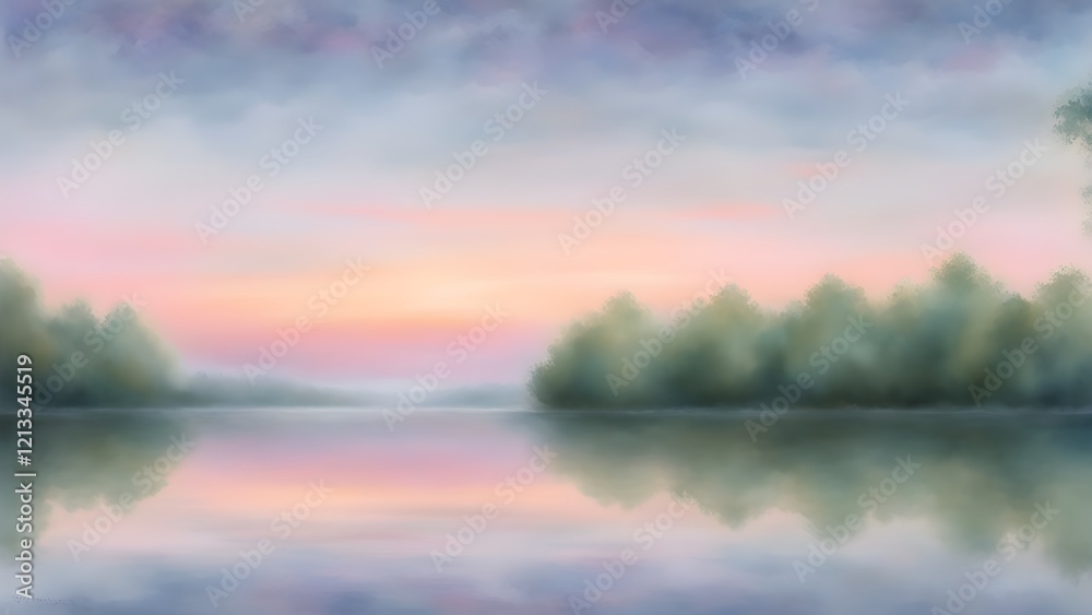 Fototapeta premium Serene pastel sunrise over a calm lake reflected in misty, tranquil waters, surrounded by soft, ethereal trees.