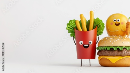 Playful Cartoon Fast Food Characters Smiling with French Fries and Burger photo