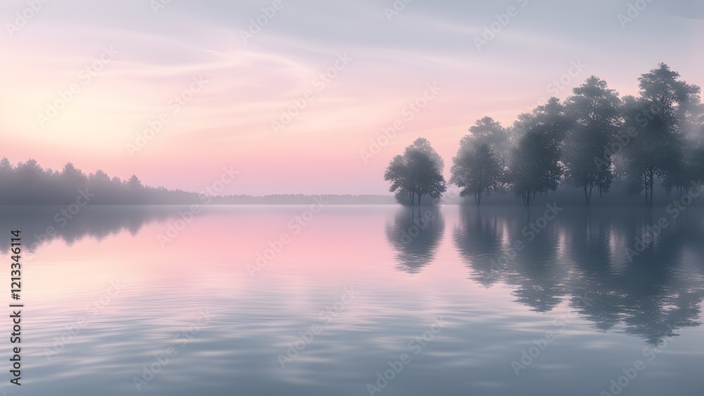 Fototapeta premium Serene pink sunrise over a calm lake reflecting a misty forest.