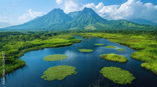 Majestic mountains oversee a serene lake with lush lily pads and vibrant green vegetation photo