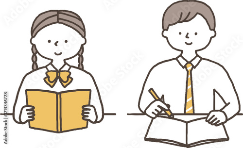 勉強をする学生の男女単色