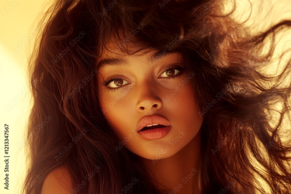 Naklejka premium Stunning very startled mixed-race girl - for ads, flyer and digital use. Commercial ad campaign conceptual art. Long hairdo - beach waves hair. Black girl vibrancy. Vibrant hair fashion models.