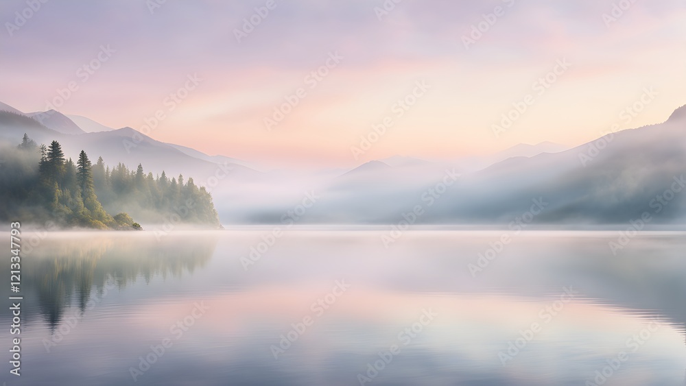 Fototapeta premium Serene sunrise over a tranquil lake nestled between misty mountains, reflecting a pastel sky.