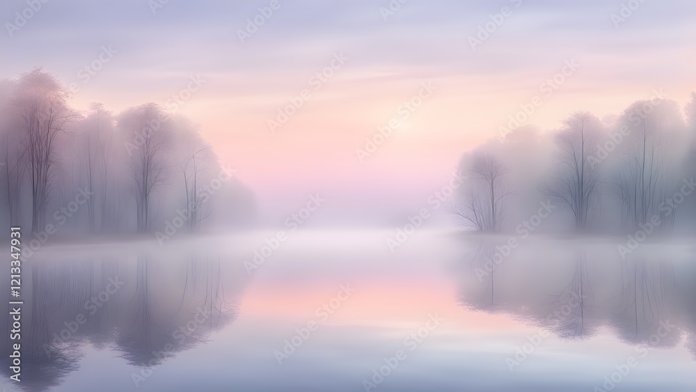 Fototapeta premium Serene pastel sunrise over a misty lake, reflected in the calm water, with bare trees silhouetted along the shore.