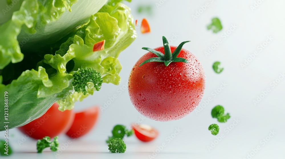 Fresh Tomato and Lettuce with Water Droplets on Light Background Fresh Tomato and Lettuce with Water Droplets on Light Background