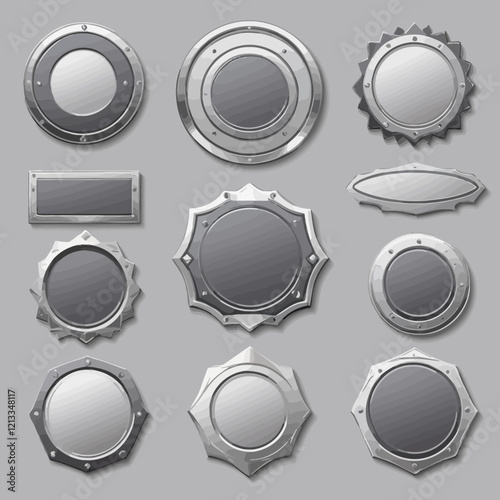 Metal logo and badge set, vector silver label icon, steel shiny scratched chrome plates, user interface gaming iron panel kit. Gray blank platinum blank template, aluminum signage interface frame. met