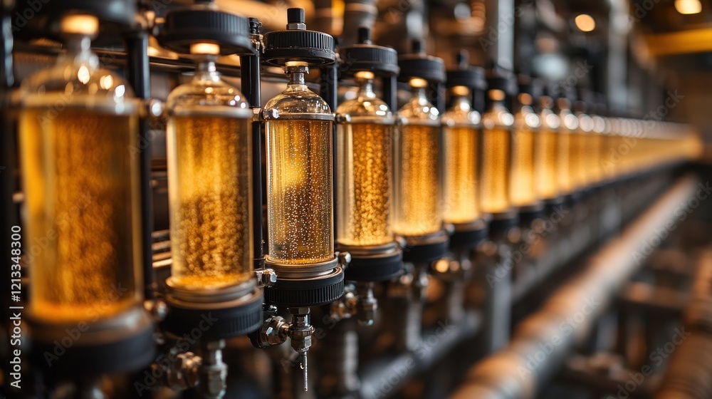 Amber liquid flowing through glass tubes in a factory. Amber liquid flowing through glass tubes in a factory.