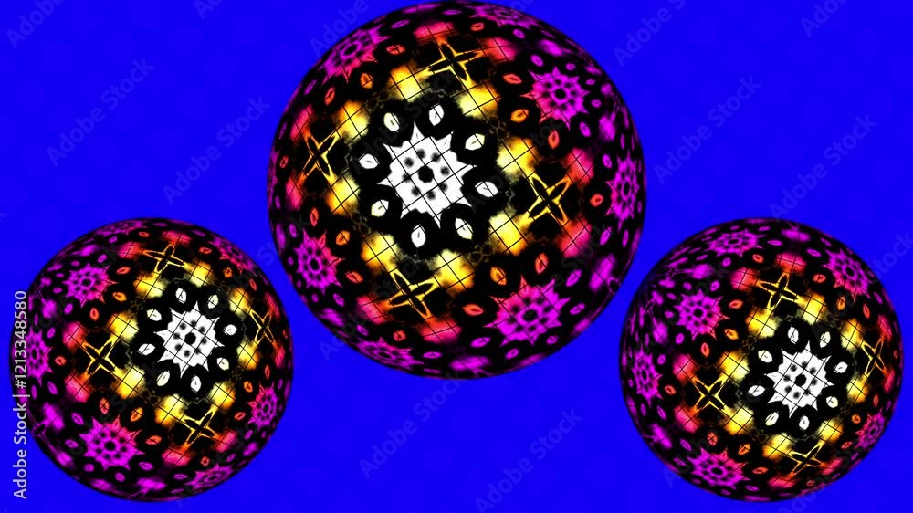 Blue background with 3 moving lines texture balls purple red black rotating counterclockwise. 3D animation
