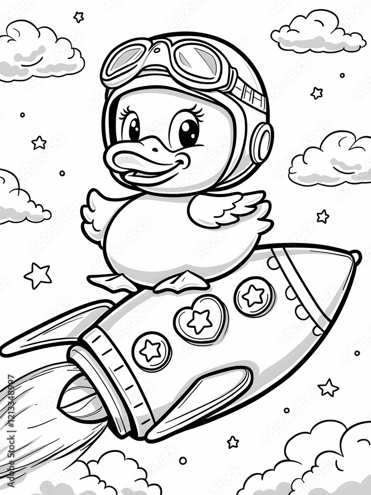 Fototapeta Duck Riding a Rocket: A cheerful duck flies on a rocket filled with star and heart shaped buttons., coloring book, page for children