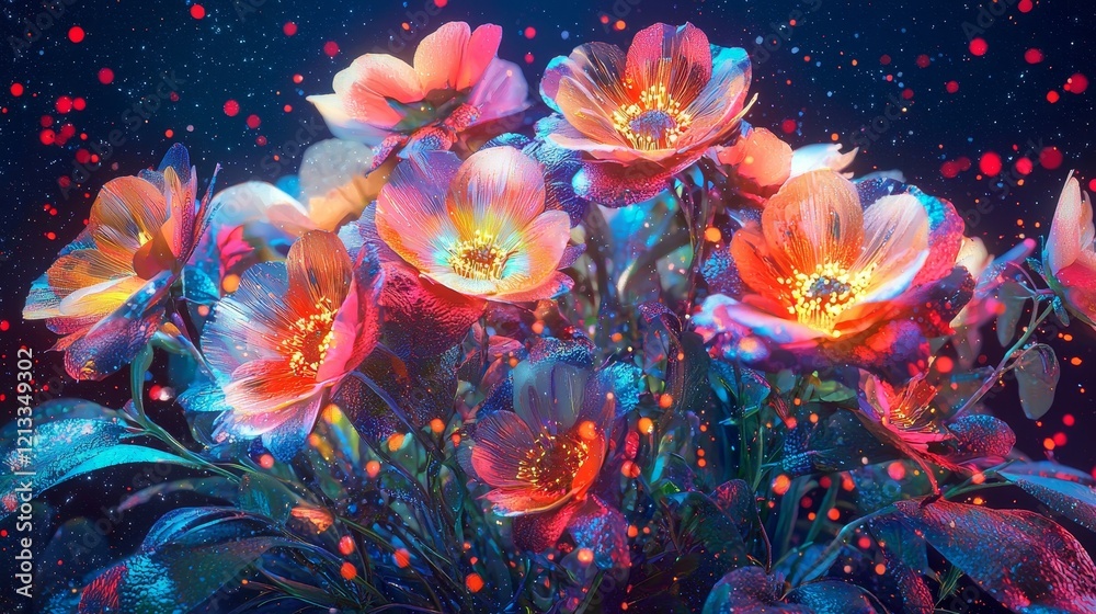 Obraz premium A futuristic bouquet of glowing holographic flowers, vibrant neon colors, surrounded by sparkling particles, cyberpunk style, digital illustration