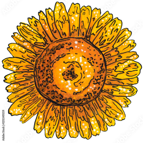 Single flower against white background. Helena Red Shades. Helenium hybridum hort. Hand drawn watercolor illustration. Drawing for stickers, cards, posters. autumn, forest, nature, plant, flower photo