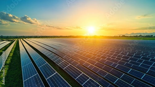 Sunset solar farm energy production, rural landscape