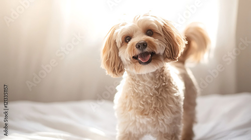A small dog with a big smile on its face is standing on a bed