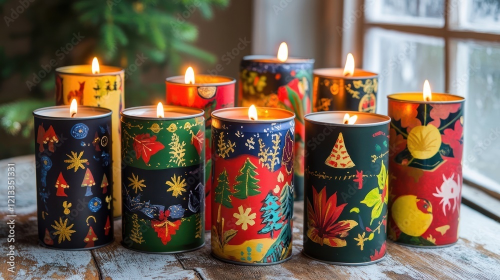 Fototapeta premium Upcycled tin cans turned into festive candle holders, painted with cheerful holiday motifs