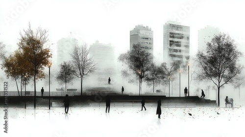Wallpaper Mural Minimalist Urban Park Illustration with People Interacting in Japanese Ink Wash Style Torontodigital.ca