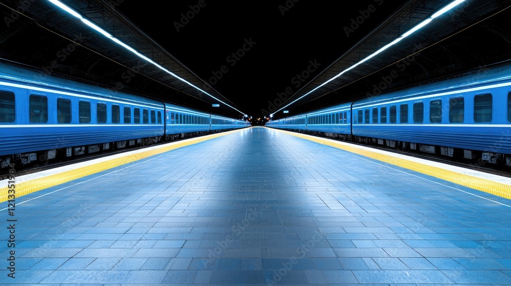 Obraz premium Subway platform at night, trains at station, urban transport, travel