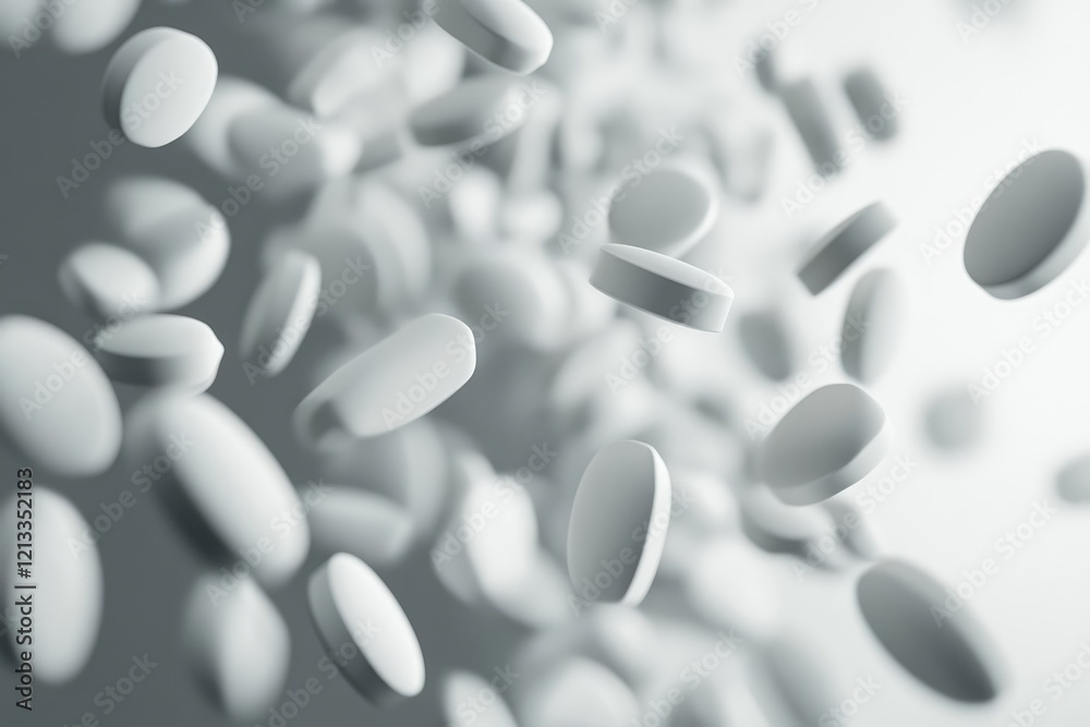 Close-up of many white pills on a surface. Close-up of many white pills on a surface.