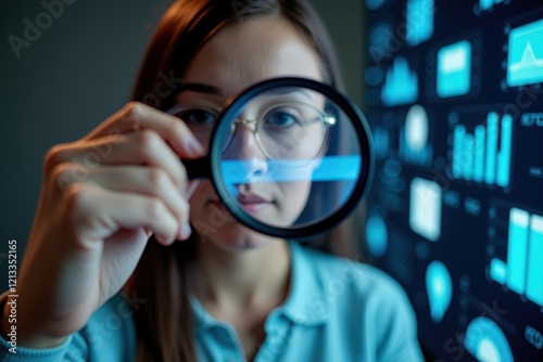 Focused Female Analyst Using Magnifying Glass to Examine Data on Digital Screen with Graphs and Charts, Representing Precision in Graphic Analysis photo