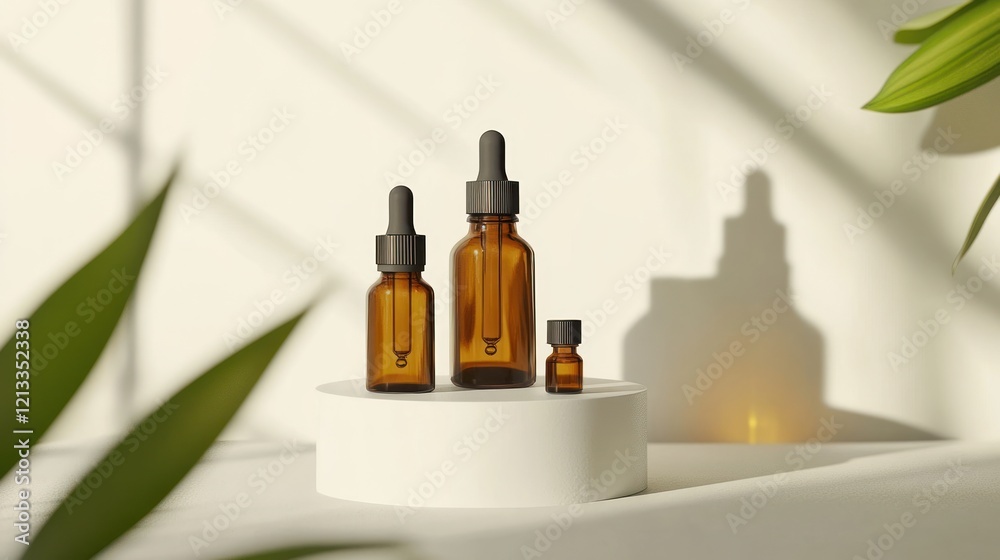Amber Glass Dropper Bottles on White Platform with Plant Shadows Amber Glass Dropper Bottles on White Platform with Plant Shadows