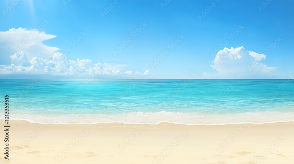 Tranquil Beach Scene: Azure Waters and Golden Sands Under a Summer Sky Tranquil Beach Scene: Azure Waters and Golden Sands Under a Summer Sky