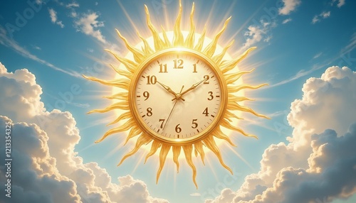 Golden sun with rays and dial, clear sky and clouds, daylight saving time