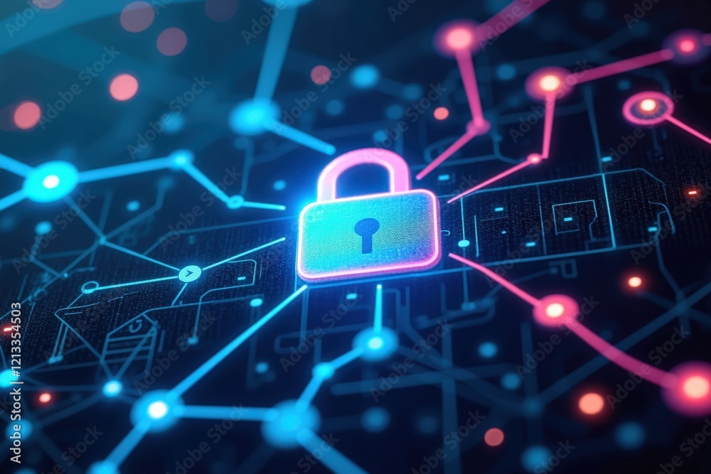 Cybersecurity Lock Concept on Digital Background with Neon Lights Representing Network Protection and Data Encryption Idea in the Technology Sphere