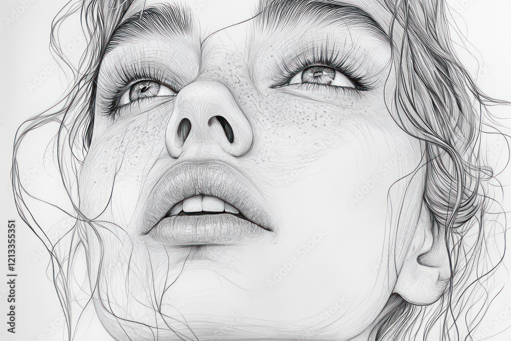 Obraz premium portrait of a girl, done in black and white lines. The face is depicted close-up, with pronounced eyes, nose and lips, as well as light freckles on her cheeks. 