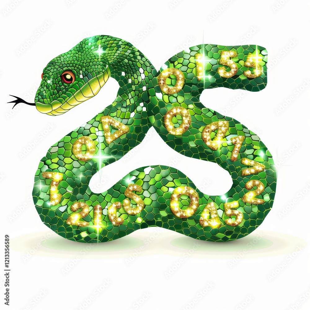 Naklejka premium A green snake made of gemstones with numbers on its body.