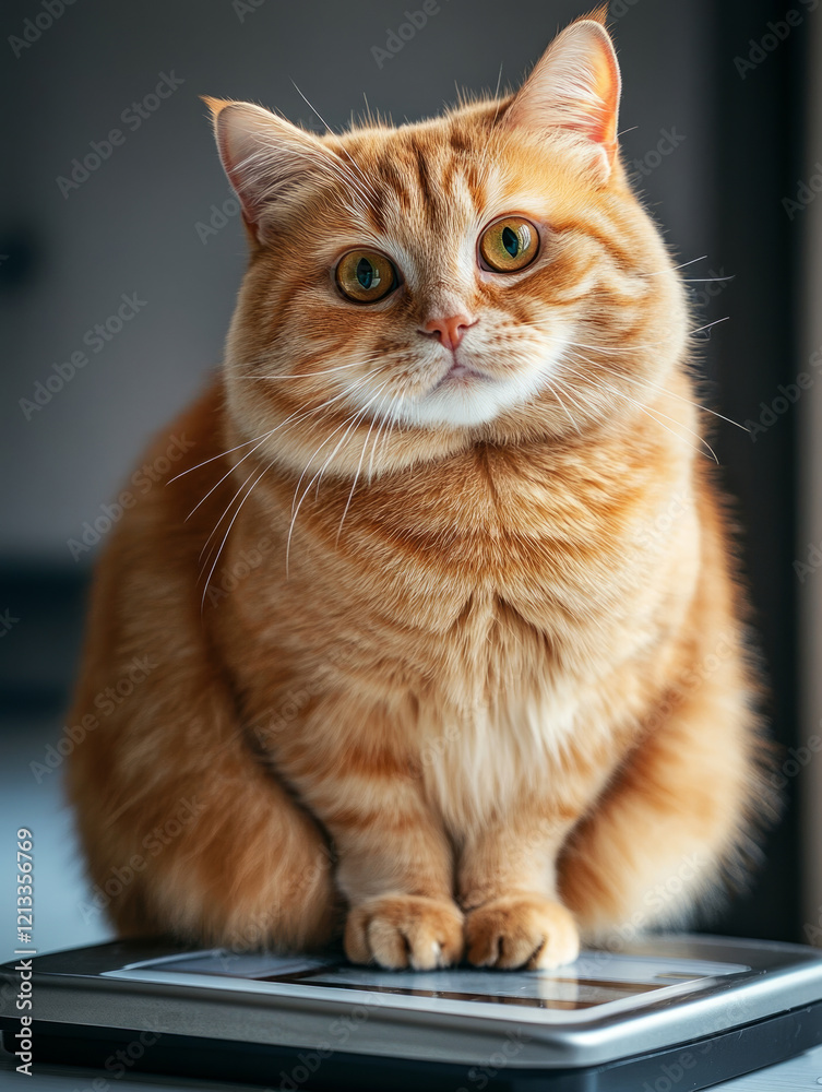 Cute ginger cat with overweight sitting on weight scale Cute ginger cat with overweight sitting on weight scale