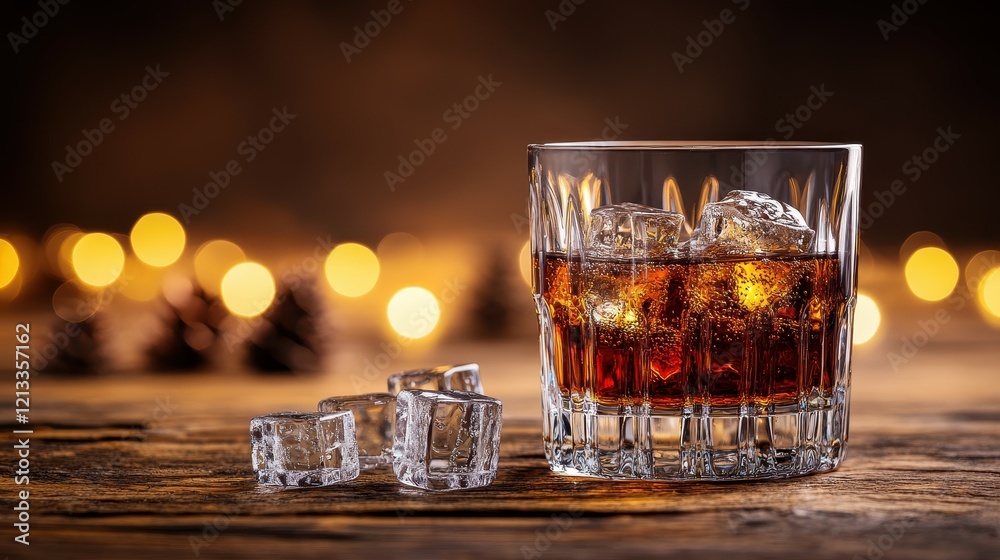 A glass filled with a dark, refreshing beverage rests on a wooden table, accompanied by ice cubes. Soft, warm lights create a cozy ambiance, perfect for celebrating the season A glass filled with a dark, refreshing beverage rests on a wooden table, accompanied by ice cubes. Soft, warm lights create a cozy ambiance, perfect for celebrating the season
