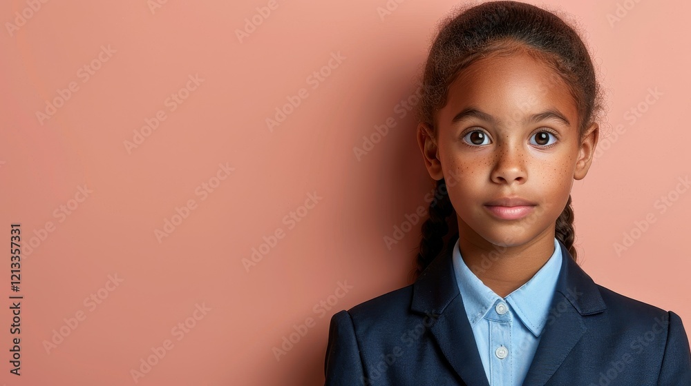 A young girl poses with a serious expression, wearing a neatly tailored blue suit. Her long hair is styled in braids, set against a soft peach wall