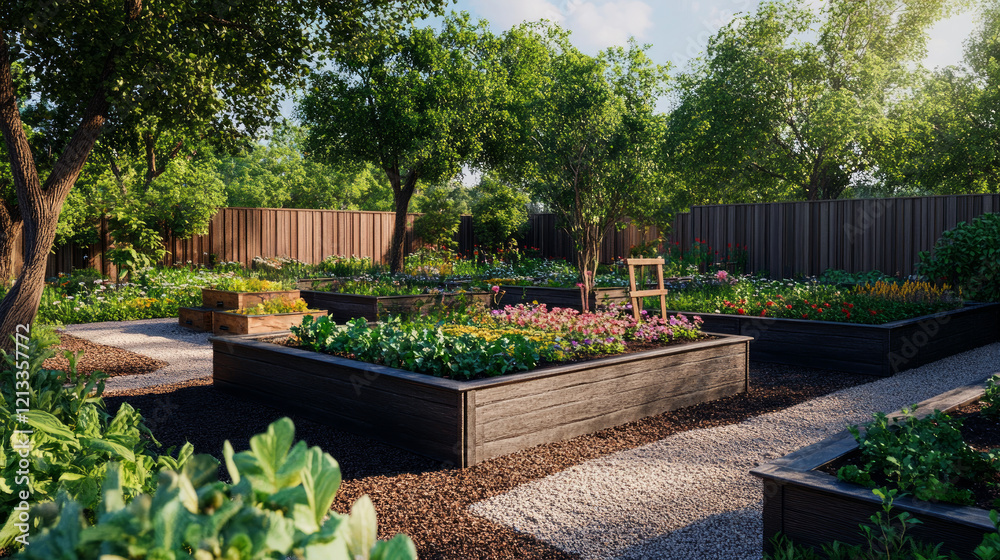 Raised beds growing vegetables in garden during summer Raised beds growing vegetables in garden during summer