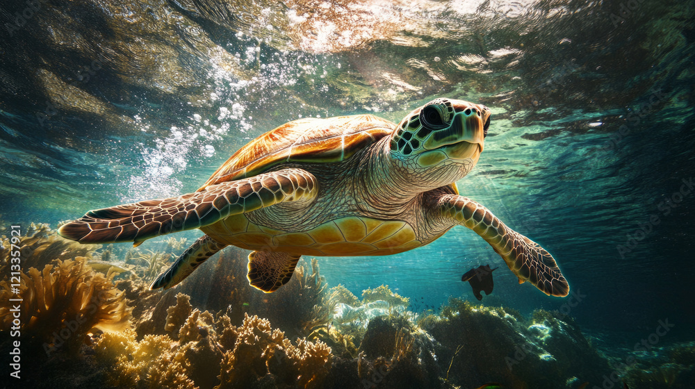 Fototapeta premium Sea turtle swimming over coral reef in clear blue water