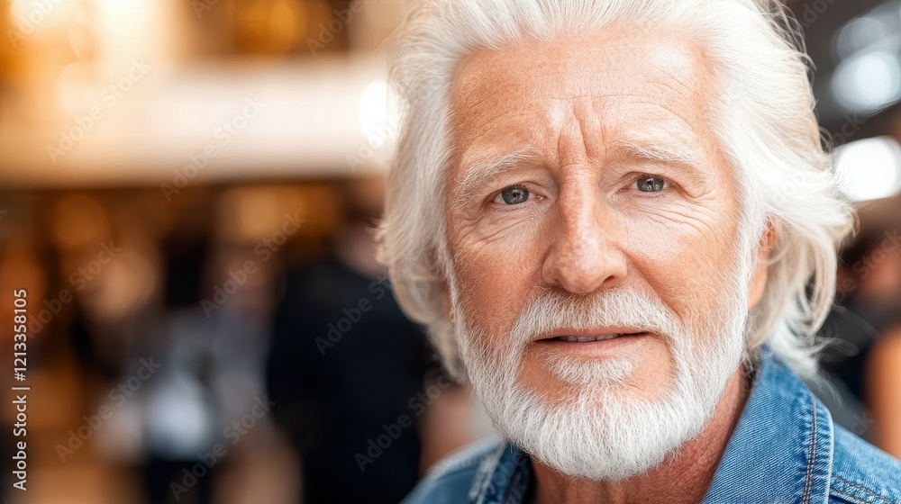 A mature man with a full white beard and gray hair smiles at the camera. He wears a denim jacket and stands in a lively indoor space filled with people during the day A mature man with a full white beard and gray hair smiles at the camera. He wears a denim jacket and stands in a lively indoor space filled with people during the day