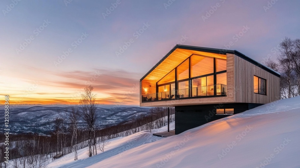 Obraz premium Luxurious Mountainside Chalet with Panoramic Sunset Views in Snowy Landscape