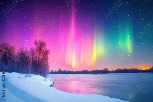Wallpaper Mural Aurora borealis over snowy river, winter night, stars Torontodigital.ca
