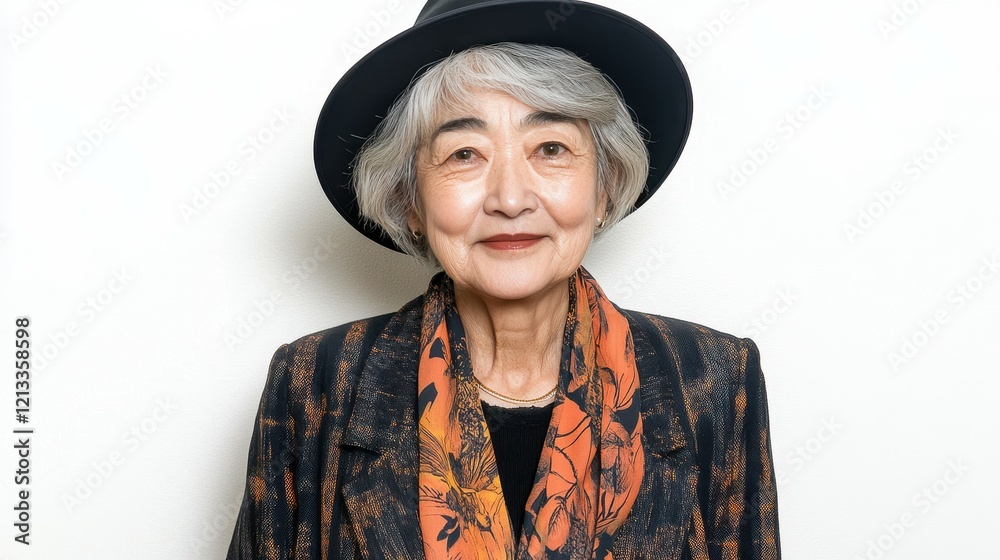 Senior woman stands confidently wearing a patterned blazer and scarf, complemented by a wide-brimmed hat. Her gentle smile reflects wisdom and grace against a clean background Senior woman stands confidently wearing a patterned blazer and scarf, complemented by a wide-brimmed hat. Her gentle smile reflects wisdom and grace against a clean background