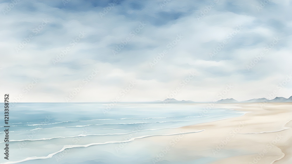 Serene watercolor painting of a tranquil beach scene with gentle waves lapping the shore under a soft, cloudy sky. Serene watercolor painting of a tranquil beach scene with gentle waves lapping the shore under a soft, cloudy sky.