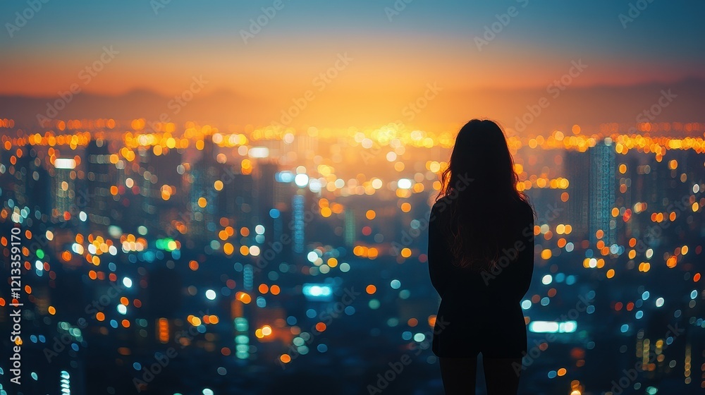 Fototapeta premium At dusk, a woman stands silhouetted against a breathtaking cityscape filled with twinkling lights, enjoying the serene beauty of the sunset