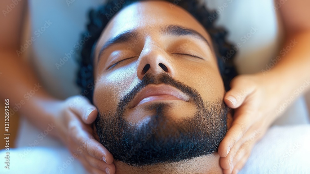 A man enjoys a tranquil head massage at a wellness center. The soothing atmosphere enhances relaxation as skilled hands apply gentle pressure to his temples and jaw A man enjoys a tranquil head massage at a wellness center. The soothing atmosphere enhances relaxation as skilled hands apply gentle pressure to his temples and jaw