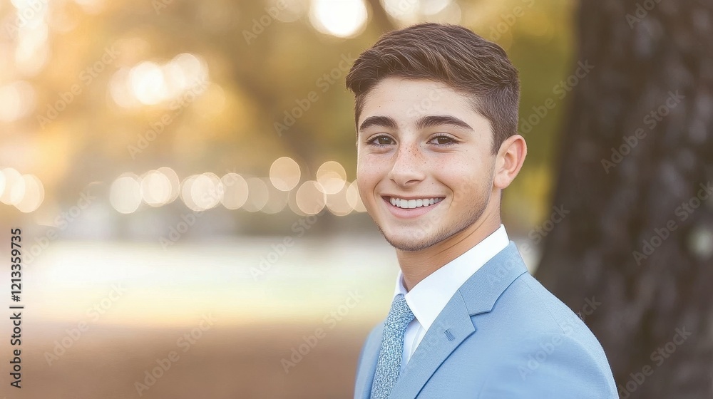 A young man stands confidently, smiling in a light blue suit with a patterned tie. The soft sunlight creates a warm atmosphere, highlighting the trees behind him A young man stands confidently, smiling in a light blue suit with a patterned tie. The soft sunlight creates a warm atmosphere, highlighting the trees behind him